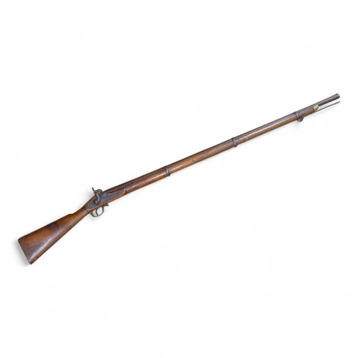 An Indian military style percussion musket, fully stocked, barrel 115cm, with military style brass mounts, iron barrel bands and Enfield style lock, partly 19th century